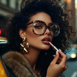May include: A woman wearing large, tortoiseshell-framed eyeglasses and gold earrings. She is applying lipstick. The image has a soft focus and a warm color palette, suggesting a fashion or beauty theme.