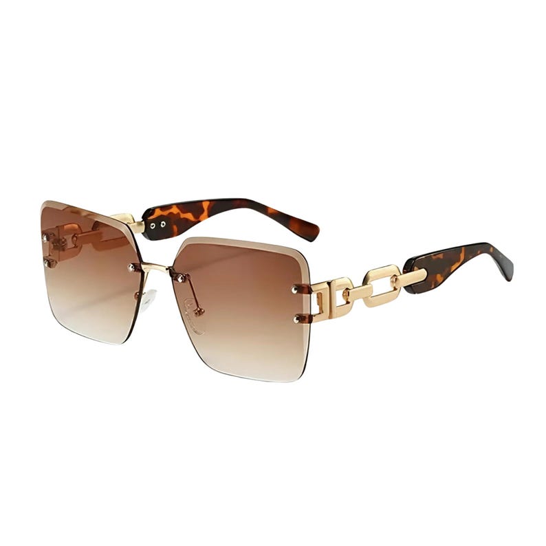 May include: Square-framed sunglasses with a gradient brown tint. The frames are gold-colored with a chain link design on the temples. The arms are a tortoiseshell pattern.