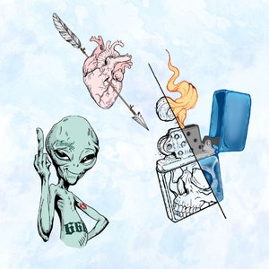 May include: A green alien with a middle finger raised, a tattoo of a heart with an arrow through it, and the word "Familia" on its forehead. A heart with an arrow through it is in the upper left corner. A lighter with a skull design and a blue case is in the upper right corner.