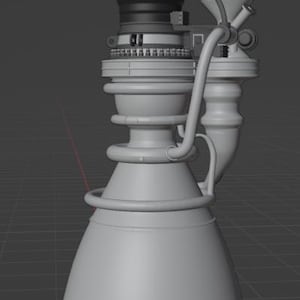 May include: A gray, 3D-rendered model of a rocket engine. The engine features a conical base, multiple circular bands, and a complex top section with various components and piping. The model is set against a gray background.