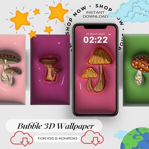 Shimmer Mushroom Bubble 3D Aesthetic Wallpaper for Mobile Phone/3D Android,iPhone Wallpaper Bundle/Lock Screen /iOS Wallpaper/Digital