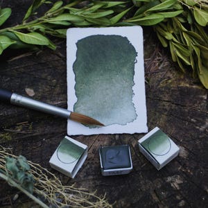 Natuurlijke handgemaakte aquarel - "Deep Moss" - half na of monsterpunt, niet-giftige en natuurlijke aardepigmenten, diepgroene verf
