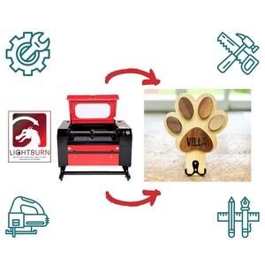 May include: A red laser cutter with the Lightburn logo on the side, next to a wooden paw print with the word "VILLA" engraved on it. The image shows the process of creating a custom wooden paw print using a laser cutter.