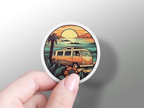 Retro Van Sticker, Sunset Decal, Groovy Sunset Lover Gift, Hydroflask, Laptop, Vinyl, Phone Case Sticker, Hippie Van Life, Camper Van Art