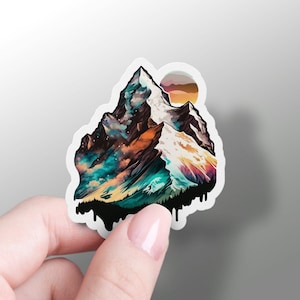 Adesivo de montanha, adesivo de caminhada, decalque de montanha do pôr do sol, adesivo de acampamento divertido, adesivo para macbook pro, adesivo de para-choque natureza, lindo telefone de vinil