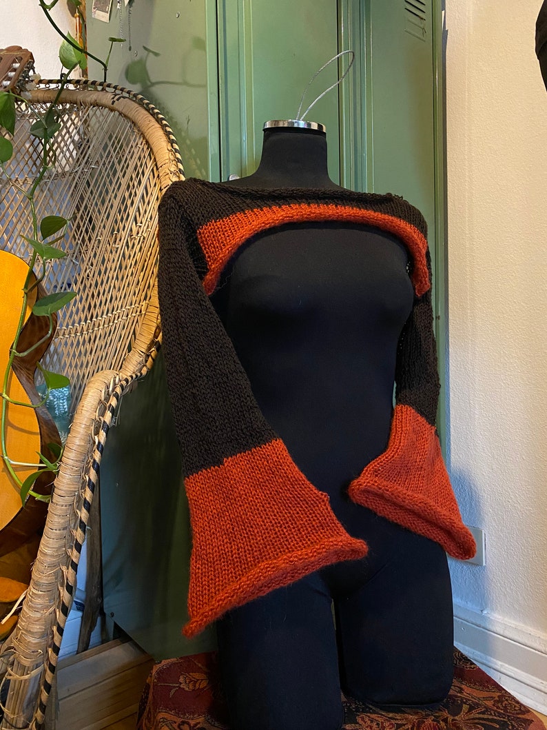 Size XS-M Brown and orange Knitted Shrug With Flared Sleeves I Fairycore Shrug Brown Orange Knit Shrug zdjęcie 2