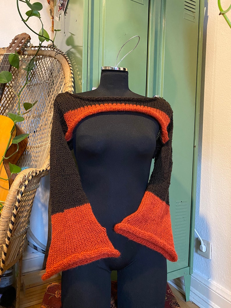 Size XS-M Brown and orange Knitted Shrug With Flared Sleeves I Fairycore Shrug Brown Orange Knit Shrug zdjęcie 4