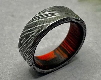 Damascus Steel Ring Wood Ring Wedding Band Steel Ring For Men Anniversary Gift Wooden Band Ring for Men Minimalist Ring Promise Unique ring