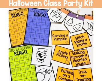 Op de afbeelding: Een Halloween-klasfeestpakket met bingokaarten, activiteitenkaarten en decoraties. De bingokaarten bevatten verschillende Halloween-pictogrammen zoals pompoenen, geesten, vleermuizen en heksen. De activiteitenkaarten bevatten activiteiten zoals pompoenen uithollen, appels plukken en trick-or-treating. De decoraties omvatten een heks die op een bezem rijdt, een spookhuis en een ketel.