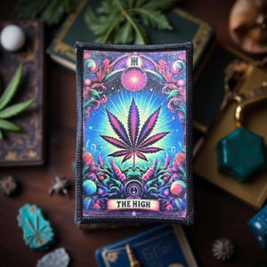 May include: A rectangular patch featuring a cannabis leaf in shades of pink and purple, set against a vibrant blue and purple background. The patch includes the text "THE HIGH" and is surrounded by a black border. The design has a psychedelic theme.