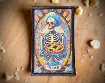 The Baker Tarot IronOn Patch | Skeleton Baking Pie Art Pastry Chef Apparel