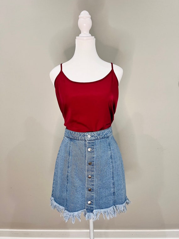 Denim Fringe Button Front Skirt