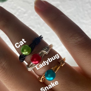Wire Wrapped and Beaded Cat, Ladybug, & Snake Rings