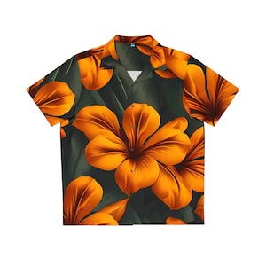 Orange Men's Hawaiian Shirt (AOP), Men's Casual Hawaiian Style Tropical Beach Shirt, Comfortable Short Sleeve Shirt For Summer