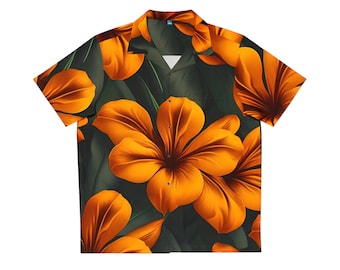 Orange Men's Hawaiian Shirt (AOP), Men's Casual Hawaiian Style Tropical Beach Shirt, Comfortable Short Sleeve Shirt For Summer