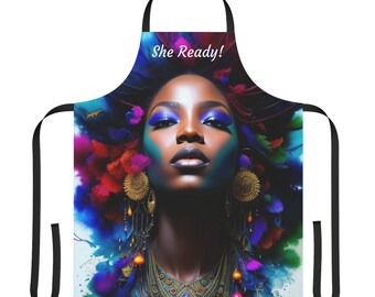 She Ready Adult Apron (AOP), Woman Kitchen Apron Gown Hairdresser Kitchen Accessories Restaurant Hero Apron Chef Apron