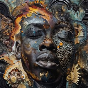 May include: A close-up of a colorful, abstract portrait of a person with their eyes closed. The face is covered in intricate patterns and textures, with a focus on the nose and mouth.