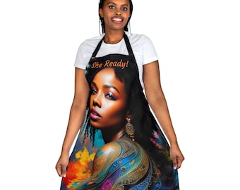 She Ready Apron (AOP), Woman Kitchen Apron Gown Hairdresser Kitchen Accessories Restaurant Hero Apron Chef Apron