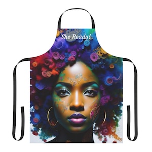 She Ready Apron (AOP), Woman Kitchen Apron Gown Hairdresser Kitchen Accessories Restaurant Hero Apron Chef Apron