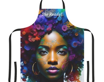 She Ready Apron (AOP), Woman Kitchen Apron Gown Hairdresser Kitchen Accessories Restaurant Hero Apron Chef Apron
