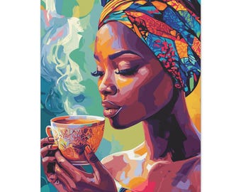 Coffee and a Conversation 4, Colorful Woman Drinking Tea Canvas Art, Vibrant Home Decor, Gift for Tea Lovers, Wall Art, Bohemian Style