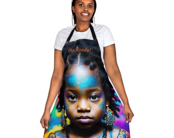 She Ready Adult Apron (AOP), Woman Kitchen Apron Gown Hairdresser Kitchen Accessories Restaurant Hero Apron Chef Apron