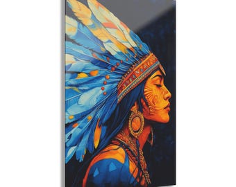 Native Headdress, Vibrant Acrylic Wall Art Print, Dreamy Home Accent, Unique Gift for Art Lovers, Colorful Native American Portrait