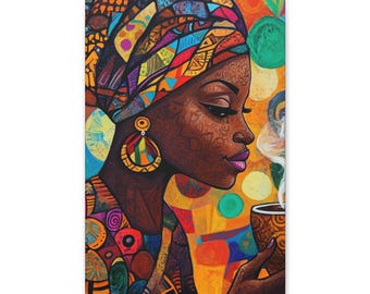 Coffee and a Conversation 1, Colorful African Art Canvas Print, Bohemian Home Decor, Unique Wall Art, Gift for Her, Black Woman Portrait