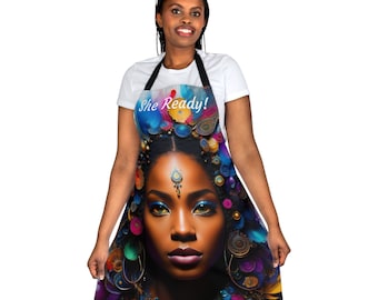 She Ready Adult Apron (AOP), Woman Kitchen Apron Gown Hairdresser Kitchen Accessories Restaurant Hero Apron Chef Apron