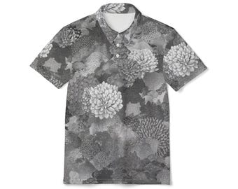 Stylish Grey Floral Unisex Polo Shirt, Casual Wear, Summer Fashion, Gift for Him/Her, Trendy Outdoor Style