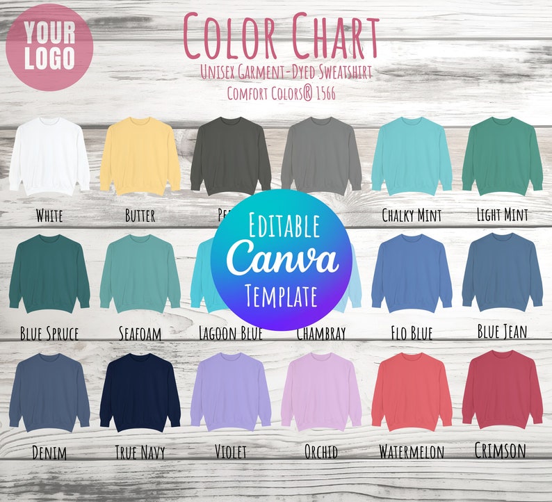 Editable Comfort Colors 1566 Color Chart & Size Chart, Canva Template