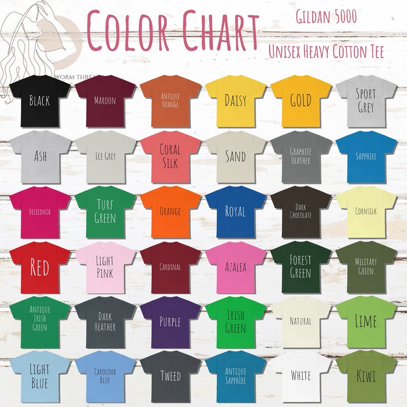 Gildan 5000 Color Chart Gildan 5000 Size Chart Gildan 5000 - Etsy
