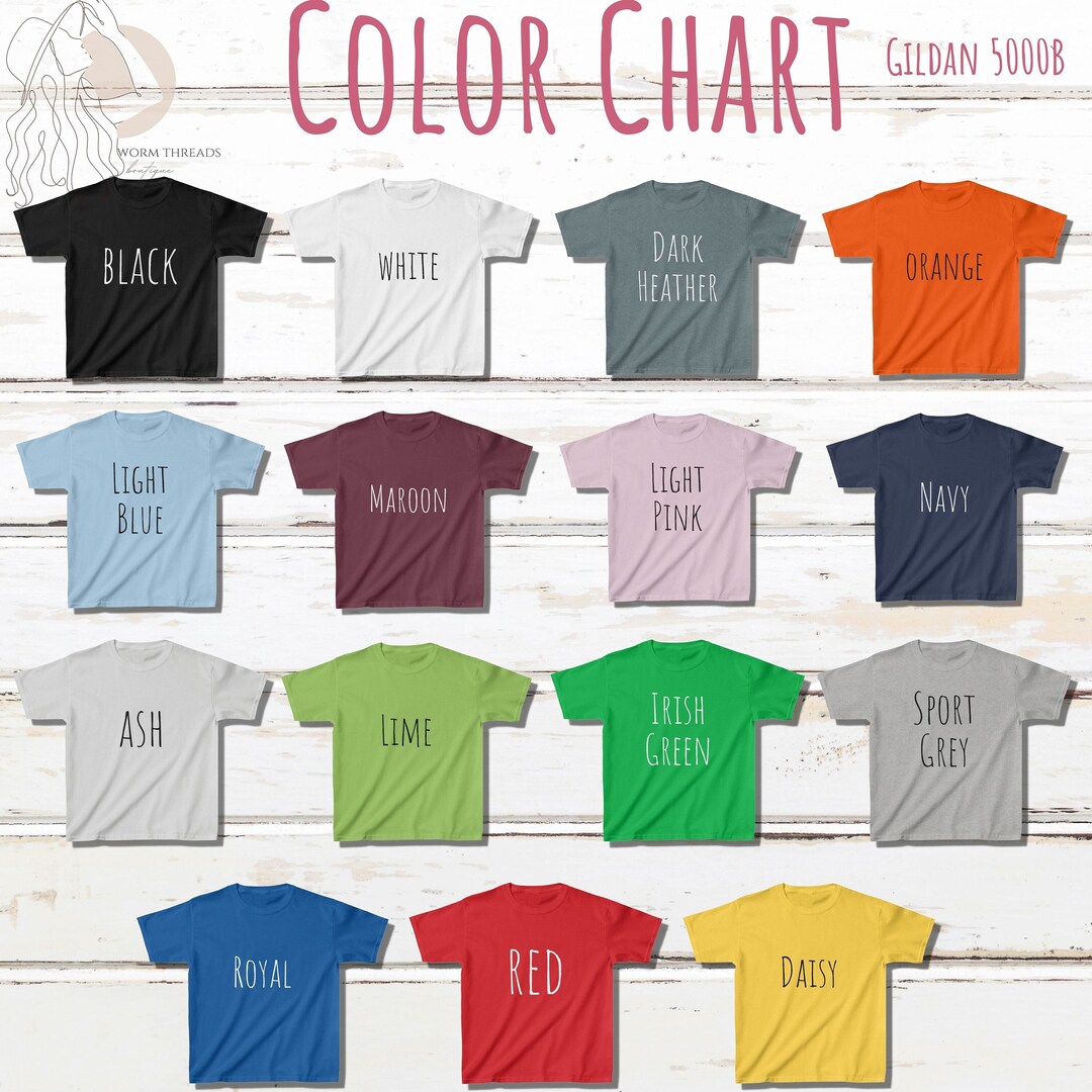 Gildan 5000B Color and Size Chart, Gildan Mockup, Tee Size Chart, Kids ...