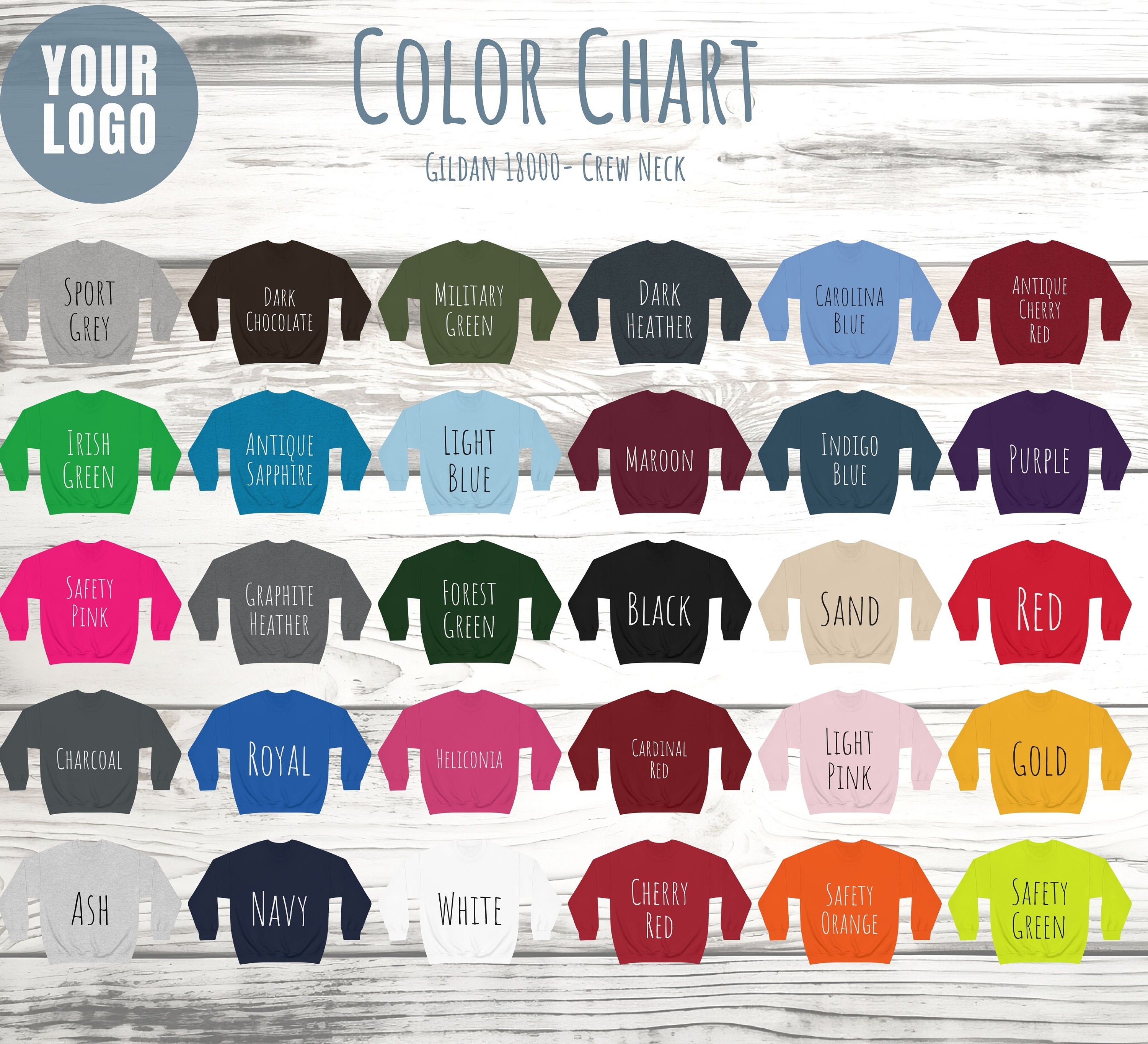 Editable Gildan 18000 Size Chart, Gildan Color Chart, Gildan 18000