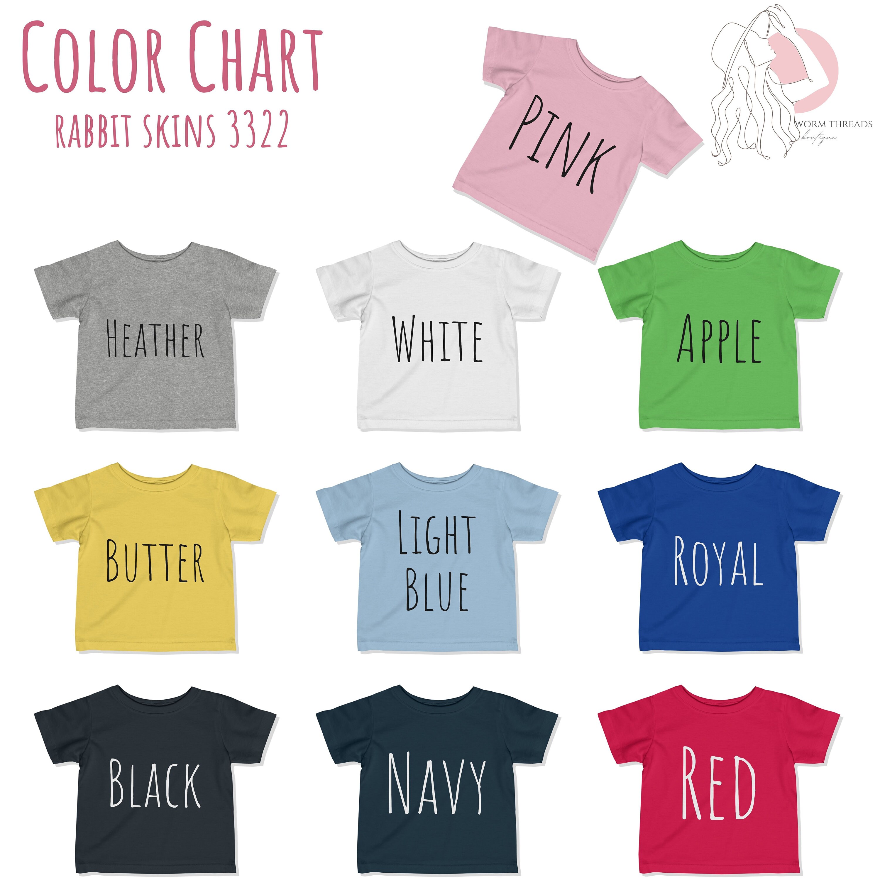 Rabbit Skins 3322 Color and Size Chart, Rabbit Skins Mockup, Tee Size