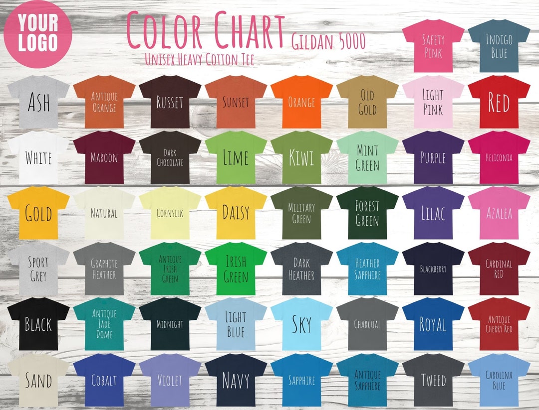 Gildan 5000 Editable Color Chart, Gildan 5000 Size Chart, Gildan 5000 Shirt , Gildan 5000 Mockup ...