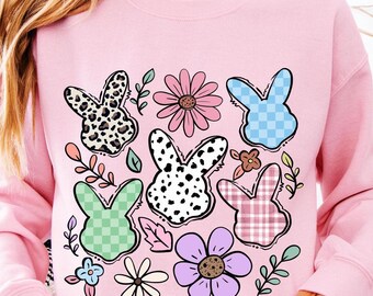 Boho Easter Bunny Flowers Sweatshirt/ Cute Rabbit Sweater/ Wild Flower Easter's Day Sweater/ Pastel Color Groovy Sweater/ Popular Spring Tee