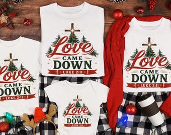 Camiseta navideña familiar cristiana "Love Came Down", camiseta navideña familiar religiosa con historia real de la Natividad, regalos de Navidad