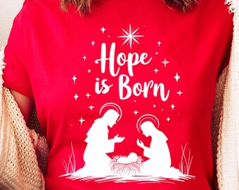 Hope Is Born. Christian Christmas Shirt, Family Holiday Pajams Tops, Nativity Scene Shirt