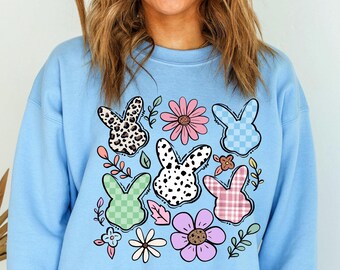 Boho Easter Bunny Flowers Sweatshirt/ Cute Rabbit Sweater/ Wild Flower Easter's Day Sweater/ Pastel Color Groovy Sweater/ Popular Spring Tee