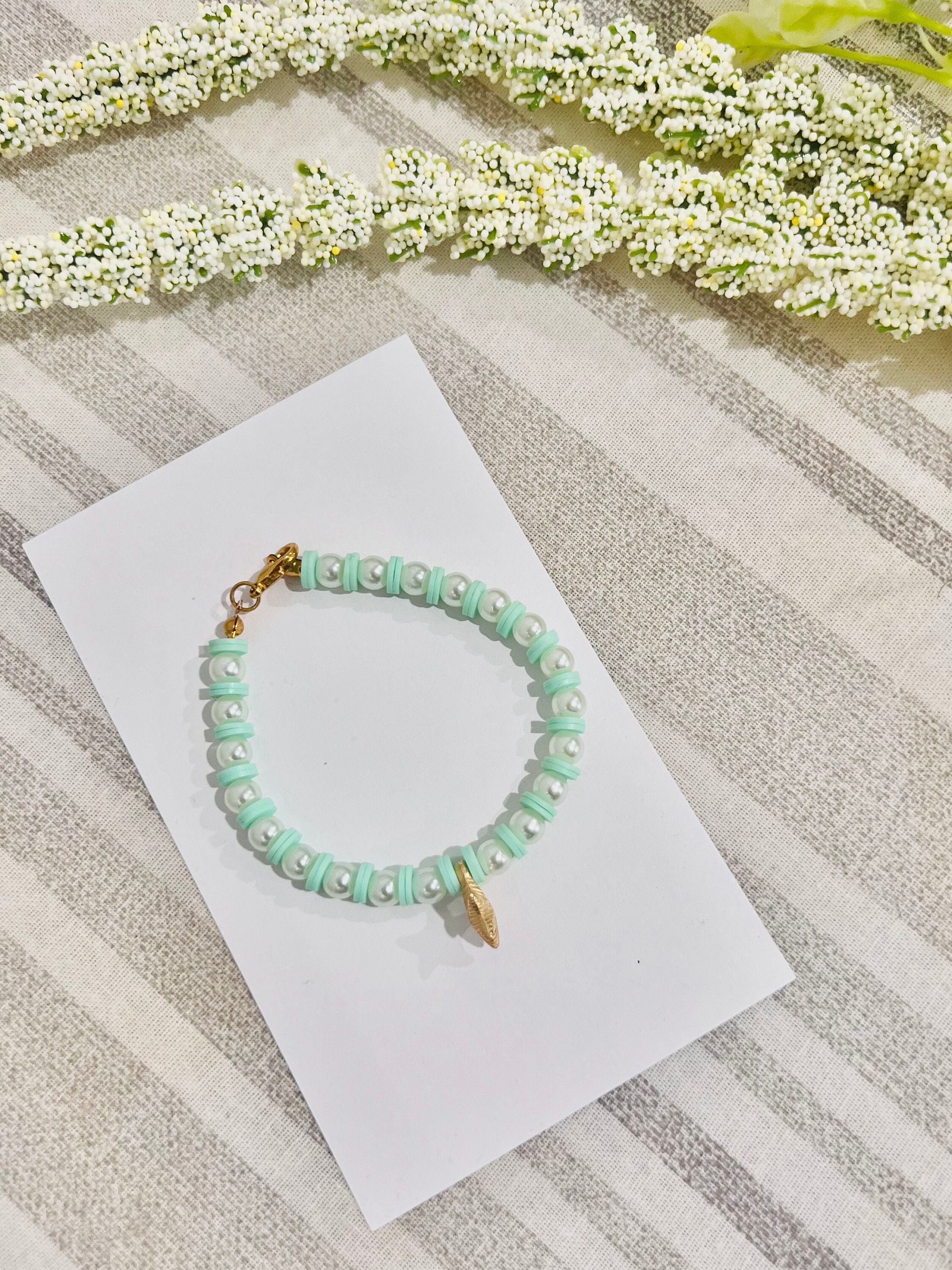 Green Clay Bead Bracelet with Pearls