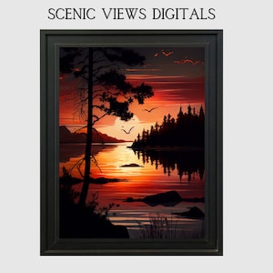 Pôr do sol sobre o lago Desenho animado Arte da parede Pôr do sol Arte da parede Pôr do sol animado Pôr do sol Download instantâneo Lago Download Decoração da cabine