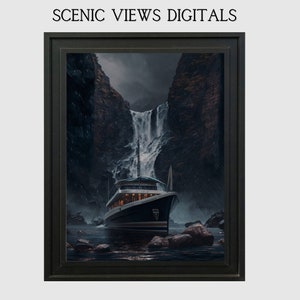 Waterfall during Storm Wall Art Boat Wall Art Boat Decor Waterfall Art Instant Download Night Sky Wall Art Rainy Night Wall Art