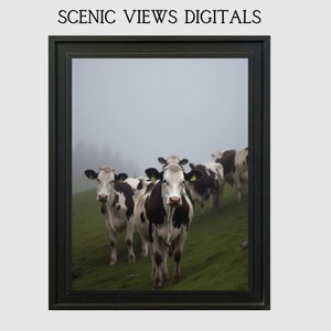 Koeien in de mist Wall Art Cow Farm Animals Cattle Morning Dew Art Grassy Multicolor Cow Wall Art