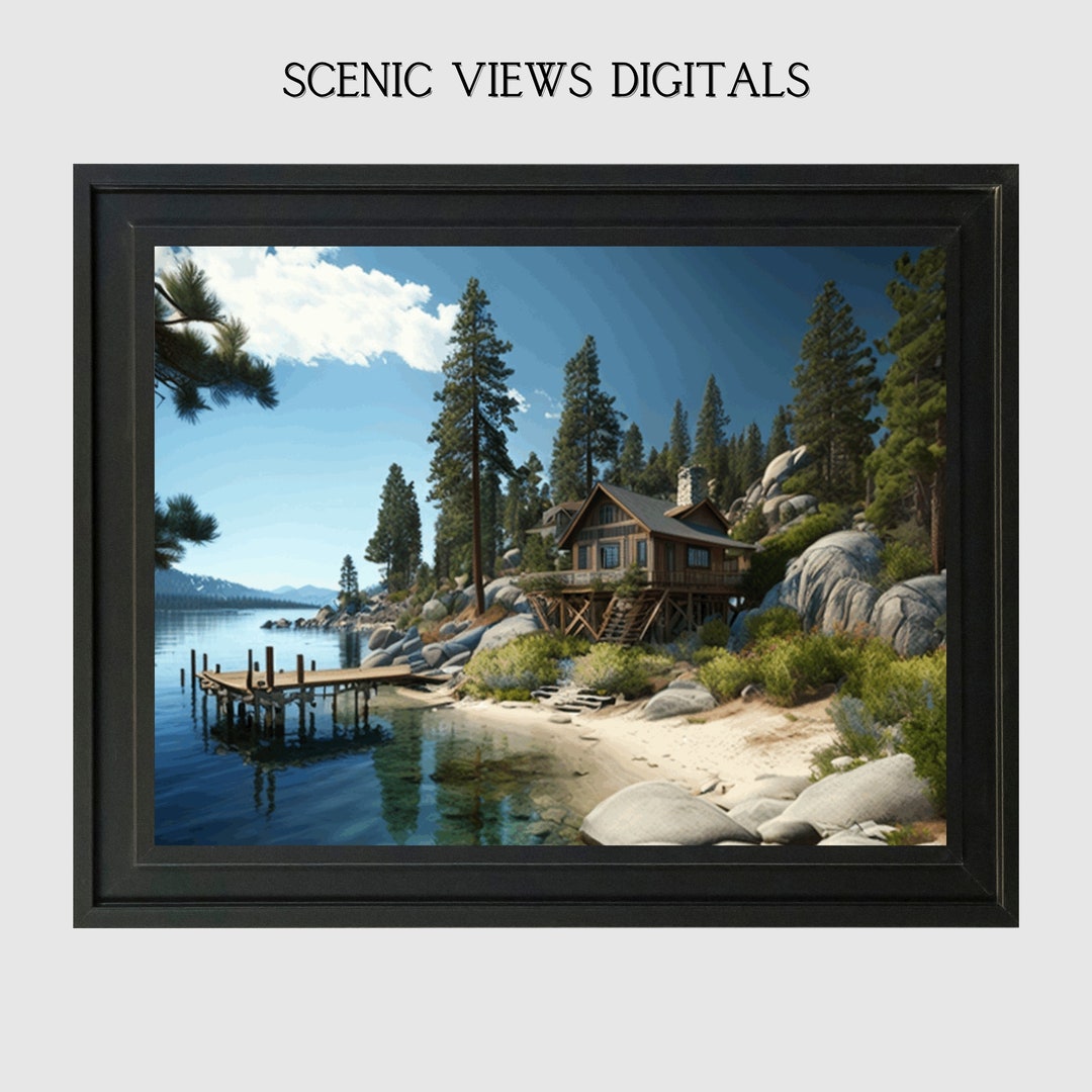 Log Cabin Wall Art Lake House Wall Art Lake Decor Mountains Wall Art