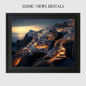 Arte de pared Grecia Arquitectura Decoración de pared Arte de pared Descarga instantánea Arte de pared griego Atardecer sobre ciudad Cielo nocturno Arte de pared