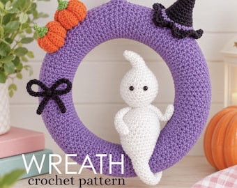 Halloween-Häkelkranz-Anleitung, Geister-Amigurumi-Wandbehang (PDF-Download, Englisch)