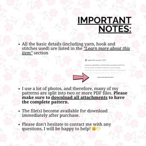 Important notes page for the crochet ladybug curtain tieback PDF pattern with usage and language information.