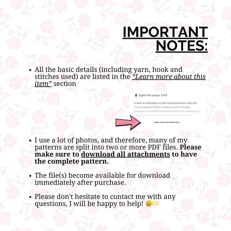 Important notes page for the crochet ladybug curtain tieback PDF pattern with usage and language information.