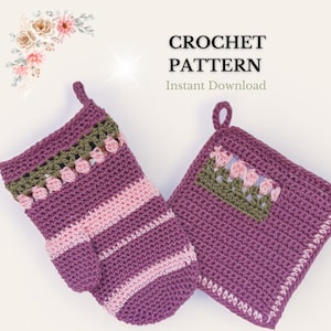 Molde para porta-panelas e luva de forno de crochê com estampa de flores (Download em PDF, em inglês)